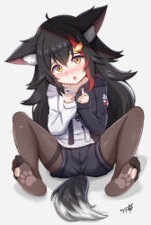 Rule 34 | 1girl, absurdres, animal ear fluff, animal ears, black hair, black pantyhose, blush, boppin, fang, feet, hair ornament, highres, hololive, long hair, looking at viewer, multicolored hair, no shoes, ookami mio, ookami mio (casual), pantyhose, paw print, paw print soles, red hair, skin fang, soles, spread legs, streaked hair, tail, toes, two-tone hoodie, virtual youtuber, wolf ears, wolf girl, wolf tail, yellow eyes