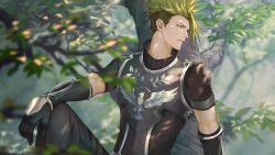 Rule 34 | 1boy, achilles (fate), arm rest, armor, black pants, branch, breastplate, collar, darkavey, detached sleeves, fate/apocrypha, fate/grand order, fate (series), gloves, green hair, hair over eyes, highres, looking at another, male focus, manly, multicolored hair, pants, shade, short sleeves, sitting, solo, swept bangs, tree, tree shade, two-tone hair, vambraces, yellow eyes
