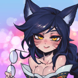 Rule 34 | 1girl, :q, ahri (league of legends), animal ears, bare shoulders, black hair, blue background, blush, breasts, cleavage, collarbone, commentary request, fox ears, fox girl, glasses, holding, large breasts, league of legends, long hair, looking at viewer, off shoulder, phantom ix row, pink background, shiny skin, smile, solo, tongue, tongue out