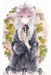 Rule 34 | 1girl, absurdres, ahoge, black dress, black ribbon, blue hair, bow, brick wall, closed mouth, cosmos (flower), dress, expressionless, flower, hair bow, highres, holding, kurebe, leaf, light blush, looking at viewer, multicolored hair, neck ribbon, original, painting (medium), pink flower, purple eyes, purple hair, ribbon, solo, traditional media, two-tone hair, watercolor (medium), white bow