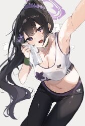 Rule 34 | 1girl, absurdres, black hair, black pants, blue archive, blush, breasts, cleavage, collarbone, commission, feet out of frame, grey background, halo, higa (gominami), highres, large breasts, long hair, looking at viewer, navel, open mouth, pants, pixiv commission, ponytail, purple eyes, purple halo, simple background, smile, solo, sports bra, sumire (blue archive), sweat, towel, white sports bra, white towel