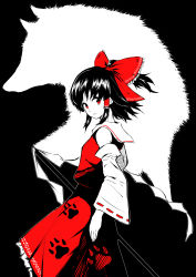 Rule 34 | 1girl, absurdres, ascot, bare shoulders, black background, black hair, bow, collar, detached sleeves, dress, frilled bow, frilled hair tubes, frills, from behind, gohei, hair bow, hair tubes, hakurei reimu, highres, japanese clothes, looking at viewer, miko, nontraditional miko, paw print, paw print pattern, ponytail, possessed, red bow, red dress, red eyes, red shirt, red skirt, sen (daydream 53), shirt, short hair, sidelocks, silhouette, skirt, skirt set, sleeveless, sleeveless dress, touhou, white collar, wide sleeves, wily beast and weakest creature, wolf, wolf spirit (touhou)