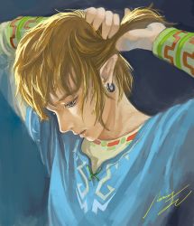 Rule 34 | 1boy, bad id, bad pixiv id, blonde hair, blue eyes, earrings, highres, jewelry, link, long hair, male focus, momo yoshi, momoyoshi, nintendo, pointy ears, ponytail, solo, the legend of zelda, the legend of zelda: breath of the wild