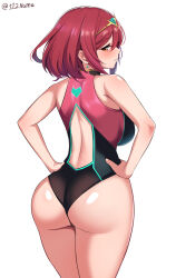 Rule 34 | 1girl, ass, backless swimsuit, bare arms, bare shoulders, black one-piece swimsuit, breasts, commentary, english commentary, from behind, hands on own hips, headpiece, highres, large breasts, looking at viewer, looking back, namu (112namu), one-piece swimsuit, pyra (pro swimmer) (xenoblade), pyra (xenoblade), red eyes, red hair, simple background, solo, swimsuit, twitter username, wedgie, white background, xenoblade chronicles (series), xenoblade chronicles 2