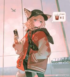 1girl :o aircraft airplane airport alternate_costume animal_ear_fluff animal_ears argyle_clothes argyle_sleeves arknights baseball_cap black_choker black_hat black_hoodie black_leggings blonde_hair blue_eyes blunt_bangs braid buttons casual cellphone chair chaosneh chinese_commentary choker clothes_writing collarbone commentary_request cowboy_shot drink ears_through_headwear floral_print fox_ears fox_tail gleam hat highres holding holding_phone hood hood_down hoodie indoors jacket leggings light_particles long_sleeves looking_to_the_side medium_hair open_clothes open_jacket open_mouth orange_sky phone puffy_long_sleeves puffy_sleeves red_jacket shadow single_braid sky smartphone solo spoken_food standing sunset sussurro_(arknights) sussurro_(travel_freely)_(arknights) tail weibo_watermark white_sleeves window