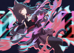 Rule 34 | 1girl, animal ear fluff, animal ears, arknights, black gloves, black hair, black shirt, black skirt, black thighhighs, blurry, blurry background, cat ears, cat tail, closed mouth, cowboy shot, fingerless gloves, frown, gloves, grey eyes, hair between eyes, hands up, highres, holding, holding sword, holding weapon, long hair, looking at viewer, looking to the side, melantha (arknights), messy hair, shirt, sidelocks, skirt, sleeveless, solo, sword, tail, thighhighs, thighs, uthspsk, weapon