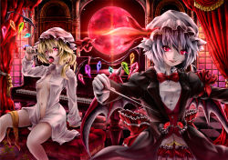 Rule 34 | 2girls, bat wings, blonde hair, bow, female focus, flandre scarlet, full moon, hat, instrument, licking, moon, multiple girls, needle, open clothes, open shirt, piano, red eyes, red moon, red theme, remilia scarlet, shiki takuto, shirt, short hair, siblings, side ponytail, sisters, tongue, touhou, wings