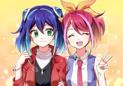 Rule 34 | 2girls, :d, alternate hairstyle, blue hair, bracelet, bracelet girls, closed eyes, green eyes, hair ribbon, hairstyle switch, hiiragi yuzu, jacket, jewelry, joman, multicolored hair, multiple girls, necktie, open mouth, pink hair, ponytail, ribbon, serena (yu-gi-oh!), short twintails, siblings, sisters, sleeveless, smile, twins, twintails, two-tone hair, yu-gi-oh!, yu-gi-oh! arc-v