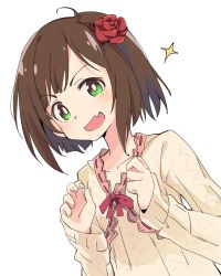 Rule 34 | 1girl, brown hair, fang, flower, green eyes, hair flower, hair ornament, idolmaster, idolmaster cinderella girls, ixy, long sleeves, looking at viewer, maekawa miku, open mouth, short hair, solo