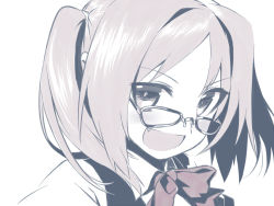 Rule 34 | 1girl, blew andwhite, bow, bowtie, dress shirt, fang, glasses, looking at viewer, monochrome, open mouth, original, shirt, short hair, simple background, smile, solo, twintails, upper body, vest, white background, white shirt