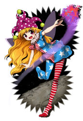 Rule 34 | 1girl, american flag dress, american flag legwear, bare arms, blonde hair, clownpiece, dress, fairy wings, harusame (unmei no ikasumi), hat, highres, jester cap, long hair, looking at viewer, moon, open mouth, pantyhose, parody, print dress, purple eyes, simple background, smile, solo, standing, standing on one leg, striped clothes, striped pantyhose, style parody, touhou, very long hair, wings