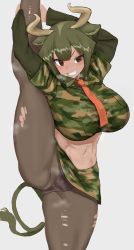 Rule 34 | 1girl, acrobatics, animal ears, aurochs (kemono friends), black panties, black pantyhose, blush, breast pocket, breasts, brown eyes, camouflage, camouflage shirt, camouflage skirt, clenched teeth, closed mouth, collarbone, cow ears, cow girl, cow horns, cow tail, dark-skinned female, dark skin, female focus, green hair, highres, holding, holding leg, horns, kakanashi1, kemono friends, large breasts, light green background, midriff, navel, necktie, orange necktie, panties, pantyhose, pantyshot, pocket, shirt, short hair, simple background, skirt, solo, standing, steam, sweat, tail, teeth, thighs, toned, torn clothes, torn pantyhose, underwear, upskirt, v-shaped eyebrows