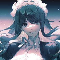 Rule 34 | 1girl, blue theme, commentary request, detached collar, eyes visible through hair, gradient background, grin, hair between eyes, hair intakes, kujou riu, light particles, long hair, looking at viewer, mahjong soul, maid, maid headdress, medium bangs, monochrome, neck ribbon, ribbon, shirt, sidelocks, smile, solo, tandong, upper body