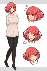 Rule 34 | 1girl, alternate costume, black pantyhose, breasts, casual, closed eyes, contemporary, expressions, highres, large breasts, leggings, mochimochi (xseynao), open mouth, pantyhose, pyra (xenoblade), red eyes, red hair, short hair, smile, solo, sweater, swept bangs, xenoblade chronicles (series), xenoblade chronicles 2