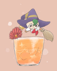 Rule 34 | 1girl, broom, broom riding, drink, female focus, flower, green hair, gryll (kirby), hat, kirby (series), nintendo, smile, solo, witch, witch hat