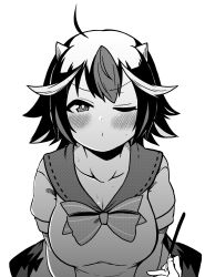 Rule 34 | 1girl, ahoge, blush, bow, breasts, collarbone, cone horns, food, greyscale, highres, himajin noizu, holding, holding food, holding pocky, horns, kijin seija, monochrome, multicolored hair, one eye closed, pocky, short sleeves, simple background, solo focus, streaked hair, touhou, upper body