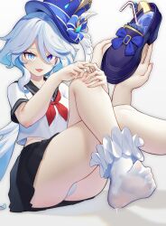 Rule 34 | 1girl, alternate costume, ass, black sailor collar, black skirt, blue eyes, blue footwear, blue hair, blue hat, bow, chinese commentary, commentary request, crossed legs, drinking straw, drop-shaped pupils, feet, food, foot focus, foreshortening, furina (genshin impact), genshin impact, hair between eyes, hands on feet, hane (15188414), hat, heterochromia, highres, holding, knees up, legs, light blue hair, long hair, looking at viewer, miniskirt, mismatched pupils, multicolored hair, neckerchief, no shoes, open mouth, panties, pantyshot, pleated skirt, red neckerchief, sailor collar, school uniform, serafuku, shirt, shoes, short sleeves, simple background, sitting, skirt, smile, socks, soles, solo, streaked hair, symbol-shaped pupils, thighs, toes, tongue, tongue out, top hat, underwear, unworn shoes, white background, white hair, white panties, white shirt, white socks