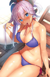 Rule 34 | 1girl, asymmetrical hair, autumn leaves, b-ginga, bikini, bikini in mouth, blue bikini, blue eyes, blush, breasts, cameltoe, chair, cleavage, clothes in mouth, collarbone, commentary request, earrings, fate/grand order, fate (series), from above, hair ornament, high ponytail, highres, jewelry, large breasts, long hair, looking at viewer, looking up, miyamoto musashi (fate), mouth hold, navel, outdoors, pink hair, ponytail, shiny skin, side-tie bikini bottom, sidelocks, sitting, smile, solo, sweat, swimsuit