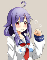 Rule 34 | 10s, 1girl, ahoge, animal print, arai harumaki, beige background, blush, clenched hand, collarbone, fish print, hair tubes, kantai collection, long sleeves, low twintails, necktie, purple hair, red eyes, red necktie, sailor collar, school uniform, serafuku, shirt, short twintails, simple background, solo, star (symbol), taigei (kancolle), twintails, white shirt