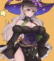 Rule 34 | 1girl, bare shoulders, black dress, breasts, cleavage, corrin (female) (fire emblem), corrin (fire emblem), dotted clouds, dress, fire emblem, fire emblem fates, fire emblem heroes, hairband, hat, highres, large breasts, long hair, long sleeves, looking at viewer, medium breasts, nintendo, pointy ears, red eyes, silk, smile, solo, spider web, star (symbol), stitches, thighs, white hair, witch hat