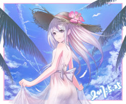 Rule 34 | 1girl, ass, bare shoulders, blue sky, breasts, dated, day, dress, feathers, flower, hat, hat flower, highres, long hair, looking at viewer, original, outdoors, palm tree, purple eyes, skirt hold, sky, small breasts, solo, standing, straw hat, summer, sun hat, ten no hoshi, tree, white dress