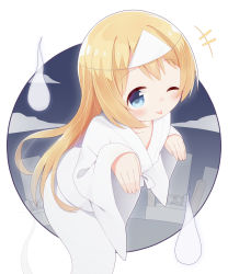 Rule 34 | +++, 1girl, ;p, ayanepuna, blonde hair, blue eyes, blush, closed mouth, ghost, ghost tail, highres, japanese clothes, kimono, long hair, long sleeves, looking at viewer, one eye closed, original, outside border, round image, sleeves past wrists, smile, solo, tombstone, tongue, tongue out, triangular headpiece, very long hair, white headwear, white kimono, wide sleeves