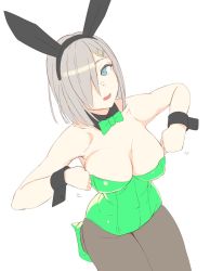 Rule 34 | 10s, 1girl, adjusting clothes, adjusting leotard, animal ears, bare shoulders, black collar, black hairband, blue eyes, bow, bowtie, breasts, collar, detached collar, fake animal ears, green bow, green bowtie, green footwear, green leotard, grey hair, grey pantyhose, hair ornament, hair over one eye, hairband, hairclip, hamakaze (kancolle), high heels, highres, kantai collection, kneeling, large breasts, leotard, looking at viewer, medium hair, motion lines, one eye covered, pantyhose, parted lips, playboy bunny, rabbit ears, shoes, simple background, solo, white background, wrist cuffs, yuuji (and)