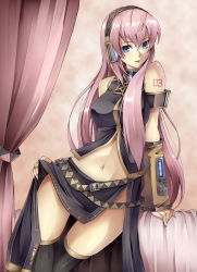 Rule 34 | 1girl, blue eyes, clothes lift, curtains, detached sleeves, headphones, headset, knees together feet apart, long hair, megurine luka, midriff, navel, pink hair, skirt, skirt lift, solo, taiyou, thighhighs, torinosus, vocaloid