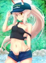Rule 34 | 1girl, alternate costume, arm up, ayanami (azur lane), azur lane, bare arms, bare shoulders, baseball cap, bikini, bikini bottom only, black bikini, black tank top, blue hat, blue shorts, blush, breasts, brown eyes, character name, closed mouth, clothes writing, collarbone, commentary request, cowboy shot, day, fingernails, hair between eyes, hand on headwear, hat, headgear, high ponytail, insider (pix insider), light brown hair, long hair, looking at viewer, navel, open clothes, open fly, open shorts, outdoors, ponytail, river, short shorts, shorts, small breasts, solo, strap slip, sunlight, swimsuit, tank top, very long hair, water