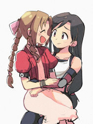 Rule 34 | 2girls, aerith gainsborough, asymmetrical hair, black hair, black thighhighs, blush, bracelet, braid, braided ponytail, brown eyes, closed eyes, cropped jacket, dress, earrings, elbow pads, final fantasy, final fantasy vii, final fantasy vii remake, gloves, hair ribbon, jacket, jewelry, long dress, long hair, low-tied long hair, midriff, multiple girls, open mouth, parted bangs, pink dress, puffy short sleeves, puffy sleeves, red jacket, ribbon, shirt, short sleeves, sidelocks, sitting, sitting on lap, sitting on person, smile, suspenders, thighhighs, tifa lockhart, tsubobot, upper body, wavy hair, white background, white shirt