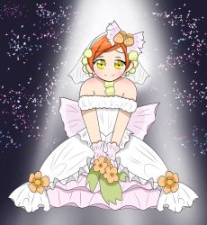 Rule 34 | 1girl, artist name, artist request, back bow, bare shoulders, bow, breasts, cherry blossoms, choker, cleavage, collarbone, dress, earrings, female focus, flower, gloves, green eyes, hair between eyes, hair flower, hair ornament, highres, holding, holding flower, hoshizora rin, jewelry, looking at viewer, love live!, love live! school idol festival, love live! school idol project, love wing bell, love wing bell (love live!), miniskirt, on stage, orange flower, orange hair, parted lips, pink bow, pink skirt, plaid, plaid dress, plaid skirt, pleated, pleated dress, pleated skirt, pom pom (clothes), pom pom hair ornament, short dress, short hair, skirt, sleeveless, sleeveless dress, small breasts, smile, solo, sparkle, spotlight, stage, stage lights, strapless, strapless dress, veil, wedding dress, white choker, white dress, white gloves, white skirt, white veil, white wrist cuffs, wrist cuffs, yellow eyes, yellow flower
