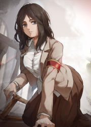 Rule 34 | 1girl, all fours, armband, black eyes, black hair, collared shirt, commentary request, highres, jacket, long hair, long sleeves, looking at viewer, parted lips, pieck finger, shingeki no kyojin, shirt, skirt, solo, taiu, white shirt