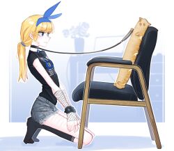 Rule 34 | 1girl, baguette, black shirt, black socks, blonde girl (popopoka), blonde hair, blue eyes, blue hairband, bread, breasts, cat baguette (popopoka), chair, commentary, computer, cuts, desk, english commentary, food, food-themed creature, from side, grey shorts, hairband, highres, holding, holding leash, injury, kneeling, laptop, leash, long hair, looking at another, no shoes, original, plant, ponytail, popopoka, potted plant, scar, scars all over, self-harm scar, shirt, short sleeves, shorts, small breasts, socks, sweatdrop, too many, scars all over, wavy mouth