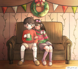 Rule 34 | 1boy, 1girl, aged down, animal slippers, artist name, aubrey (faraway) (omori), aubrey (omori), bell, black eyes, black hair, black skirt, blush, bow, brown shorts, bunny slippers, christmas sweater, christmas wreath, couch, cup, hair bow, hand up, highres, holding, holding cup, indoors, kneehighs, locked arms, long hair, lying on person, lyresweet, omori, on couch, pink bow, pink sweater, red sweater, ribbed sweater, short hair, shorts, sitting, skirt, slippers, smile, socks, sunny (omori), sweater, wreath