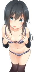 Rule 34 | 1girl, :d, asashio (kancolle), bare shoulders, black bra, black hair, black panties, black thighhighs, blue eyes, blush, bow, bow bra, bow panties, bra, breasts, cleavage, collarbone, cowboy shot, detached sleeves, frilled bra, frilled panties, frills, hair between eyes, hand on own chest, head tilt, highres, kantai collection, leaning forward, legs together, lingerie, long hair, long sleeves, looking at viewer, nagami yuu, navel, open mouth, panties, small breasts, smile, solo, stomach, thighhighs, transparent background, tsurime, underwear, underwear only, white bow