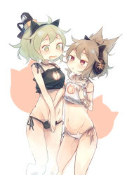 Rule 34 | 2girls, alternate costume, ashiyu (ashu-ashu), blush, breast conscious, breasts, brown hair, cat cutout, cat hair ornament, cat lingerie, cleavage, cleavage cutout, clothing cutout, earmuffs, fang, ghost tail, green eyes, green hair, hair between eyes, hair ornament, hand on own chest, hat, highres, large breasts, lingerie, meme attire, multiple girls, navel, open mouth, pointy hair, pout, short hair, simple background, soga no tojiko, tate eboshi, touhou, toyosatomimi no miko, underwear, white background