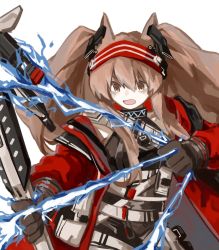 Rule 34 | 1girl, angelina (arknights), animal ears, arknights, black collar, black gloves, black shirt, bow (weapon), brown eyes, brown hair, collar, drawing bow, earpiece, energy weapon, fox ears, gloves, hair between eyes, hairband, highres, holding, holding bow (weapon), holding staff, holding weapon, infection monitor (arknights), jacket, long hair, long sleeves, open clothes, open jacket, open mouth, red hairband, red jacket, shirt, sidelocks, simple background, solo, staff, striped clothes, striped hairband, te gong fengmi huangyou la regou, twintails, upper body, weapon, white background