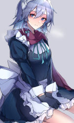 Rule 34 | 1girl, apron, black gloves, blue eyes, bow, braid, commentary, dress, expressionless, gloves, green bow, green ribbon, grey dress, grey hair, hair between eyes, hair bow, head tilt, highres, izayoi sakuya, kurozu piroo, long sleeves, looking at viewer, maid, maid apron, maid headdress, neck ribbon, red scarf, ribbon, scarf, short hair, simple background, sitting, solo, touhou, twin braids, waist bow, wariza, white bow, wrist cuffs