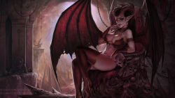 Rule 34 | 1girl, black hair, breasts, bridal gauntlets, cave, chain, choker, colored skin, demon girl, demon horns, demon wings, ear piercing, earrings, full body, high heels, horns, jewelry, large breasts, long hair, looking at viewer, open mouth, original, piercing, pink skin, pointy ears, realistic, sciamano240, skeleton, skull, solo, thighhighs, throne, tongue, tongue out, wings, yellow eyes