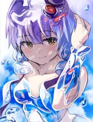 Rule 34 | 1girl, air bubble, arm up, blue background, blue sky, breasts, brown eyes, bubble, commentary request, fish, goldfish, hair ornament, hand in own hair, highres, liquid hair, medium breasts, nude, purple hair, short hair with long locks, sky, solo, see-through body, upper body, vocaloid, wind chime, yasuhara roku, yuzuki yukari