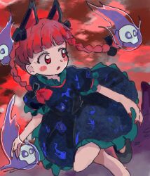 Rule 34 | 1girl, animal ears, black dress, blush, braid, cat ears, dress, fingernails, frills, ghost, highres, hitodama, holding, holding skull, kaenbyou rin, long fingernails, looking back, official alternate costume, puffy short sleeves, puffy sleeves, red eyes, red hair, red nails, rome35793562, sharp fingernails, short sleeves, skull, touhou, twin braids, unfinished dream of all living ghost