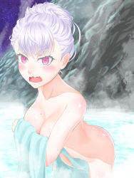 Rule 34 | 1girl, alternate hairstyle, angry, black clover, blue towel, blush, breasts, cleavage, collarbone, commentary request, completely nude, covering privates, embarrassed, hair up, highres, m o n t e n, medium breasts, naked towel, noelle silva, nude, nude cover, onsen, open mouth, purple eyes, silver hair, solo, towel, water, wavy mouth