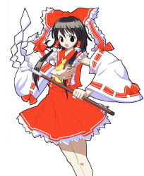 Rule 34 | 1girl, armpits, ascot, black hair, bow, detached sleeves, female focus, frills, gohei, hair bow, hair tubes, hakurei reimu, immaterial and missing power, long hair, red eyes, red skirt, sarashi, sharchick (paroparo), simple background, skirt, smile, solo, touhou, white background