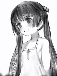 Rule 34 | 1girl, anquette-chan (nanashi), bad id, bad pixiv id, bare shoulders, blush, closed mouth, dress, greyscale, halterneck, highres, long hair, monochrome, nanashi (nlo), original, simple background, smile, solo, sundress, twintails, upper body, white background