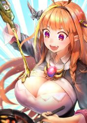 Rule 34 | 1girl, :d, ahoge, akinashe, blonde hair, bottle, braid, breasts, cleavage cutout, clothing cutout, collared shirt, commentary, cooking, dragon horns, food, frying pan, hairband, highres, holding, holding bottle, hololive, horns, kiryu coco, kiryu coco (1st costume), large breasts, long hair, multicolored eyes, multicolored hair, open mouth, orange hair, pointy ears, pouring, pouring onto self, shirt, smile, solo, streaked hair, v-shaped eyebrows, very long hair, virtual youtuber