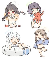 Rule 34 | 4girls, bikini, blue archive, braid, bucket hat, chibi, commentary, crab, cropped hoodie, eyewear hang, frilled one-piece swimsuit, frills, full body, halo, hat, highres, hood, hoodie, innertube, inutokasuki, looking at animal, miyako (blue archive), miyako (swimsuit) (blue archive), miyu (blue archive), miyu (swimsuit) (blue archive), moe (blue archive), moe (swimsuit) (blue archive), multiple girls, navel, octopus, official alternate costume, one-piece swimsuit, ponytail, rabbit platoon (blue archive), raglan sleeves, rash guard, saki (blue archive), saki (swimsuit) (blue archive), short hair, simple background, stomach, swim ring, swimsuit, symbol-only commentary, twin braids, twintails, unworn eyewear, white background, white bikini