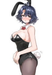 Rule 34 | 1girl, absurdres, animal ears, antenna hair, bare shoulders, black pantyhose, blue hair, blush, bow, bowtie, breasts, cleavage, cowboy shot, dark blue hair, detached collar, fake animal ears, full-face blush, highres, idolmaster, idolmaster million live!, large breasts, leotard, looking at viewer, looking to the side, no bra, off shoulder, pantyhose, pdal (pdalhhh), playboy bunny, rabbit ears, rabbit tail, short hair, simple background, solo, sweat, tail, toyokawa fuka, wavy hair, white background