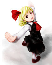 Rule 34 | 1girl, bad id, bad pixiv id, blonde hair, bow, embodiment of scarlet devil, face, female focus, foreshortening, goichi, hair bow, hair ribbon, highres, outstretched arms, red eyes, ribbon, rumia, short hair, solo, spread arms, touhou