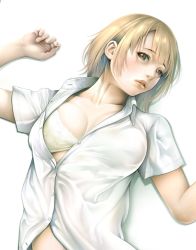 Rule 34 | 1girl, blonde hair, blouse, bra, breasts, brown eyes, cleavage, collared shirt, commentary request, looking at viewer, lying, medium breasts, medium hair, on back, original, parted lips, partially unbuttoned, shirt, simple background, solo, temutemutemu, underwear, upper body, white background, white bra, white shirt