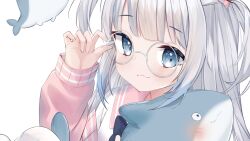 Rule 34 | 1girl, bloop (gawr gura), blue eyes, blue hair, blush, fins, fish tail, gawr gura, glasses, grey hair, hand up, highres, hololive, hololive english, long sleeves, looking at viewer, multicolored hair, pink sailor collar, ri nyahn, round eyewear, sailor collar, shark tail, simple background, smile, solo, streaked hair, stuffed animal, stuffed shark, stuffed toy, tail, upper body, virtual youtuber, white background